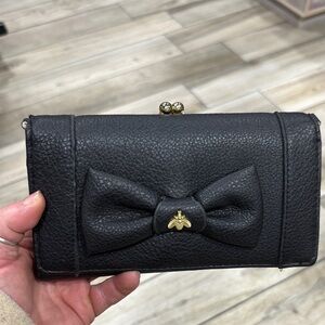 Black Leather Clutch with Bow Accent